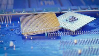 计算机处理器技术背景，CPU概念，蓝色<strong>电路板纹理</strong>